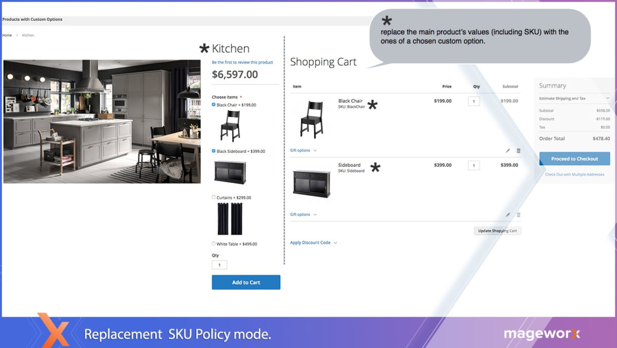 Replacement SKU policy for product options - Magento 2 product options extension