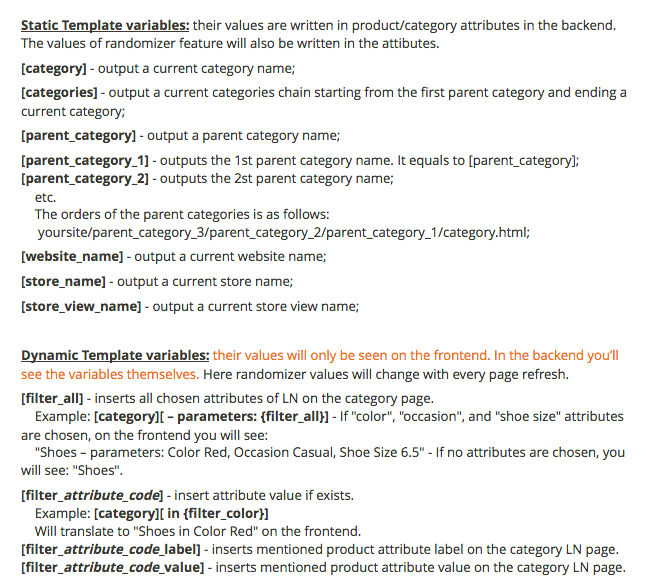 Variables in SEO templates for layered navigation pages in Magento