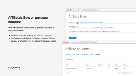 Coupons and referral links for affiliate marketing Magento