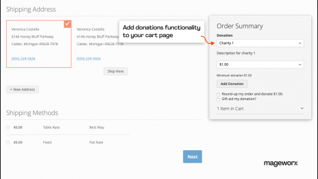 The functionality of the Magento 2 donation extension at the checkout
