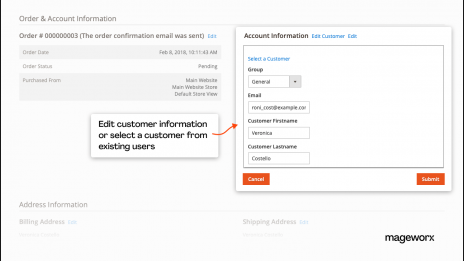 Magento Order Management system allows editing account information