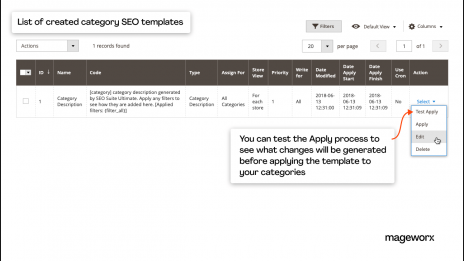 Convenient overview of the created Magento 2 SEO templates in a grid 