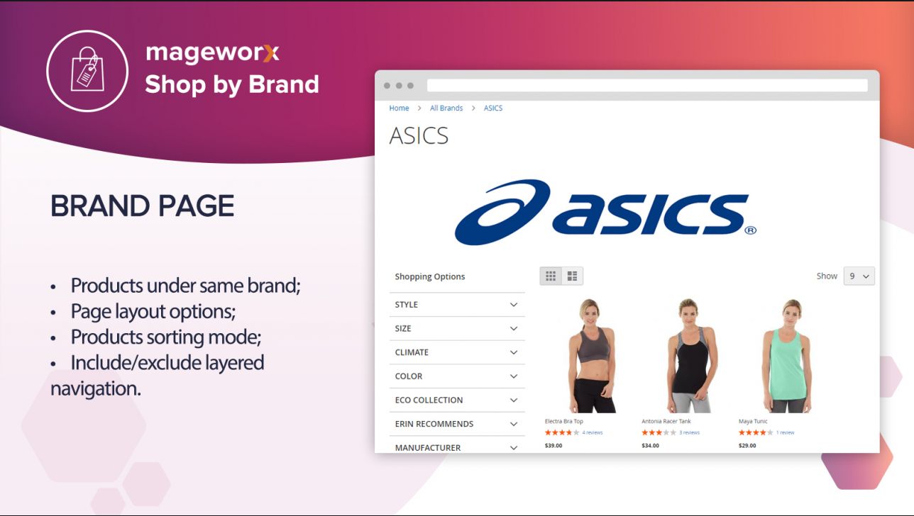 Shop by Brand: 'Brand' page on the frontend,Backend configuration tabs,MageWorx Shop by Brands: General settings,All brands page setup,Shop by Brands for Magento 2: Brand page configuration,User-friendly grid: Track all manufacturer/brand pages ,Magento 2