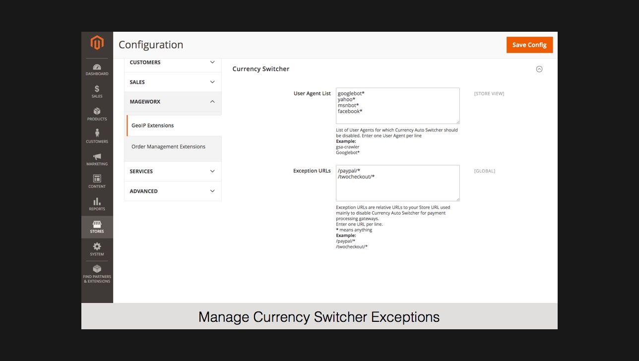 Manage Currency Switcher Exceptions,Update or Define Manually Currency Rates,Modify or Replace the Default Currency Symbols,Specify Country – Currency Relations,Update GeoIP Database on the Front-End,Currency Switching Functionality on the Front-End,