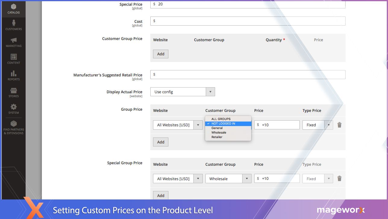 Custom prices on the product level,Custom prices on the customer group level,Customer prices suite: import/export functionality,Special product pricing: backend,Personalized customer prices: frontend ,Ability to manually select customers: discounts & coup