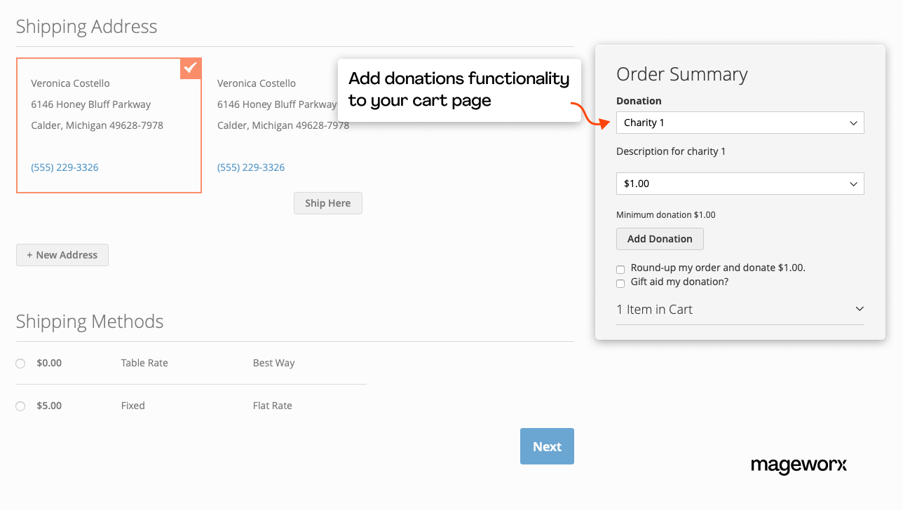 The functionality of the Magento 2 donation extension at the checkout
