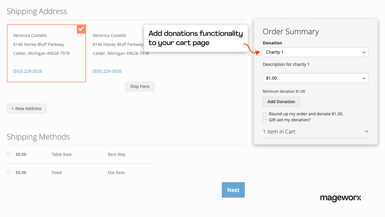 The functionality of the Magento 2 donation extension at the checkout
