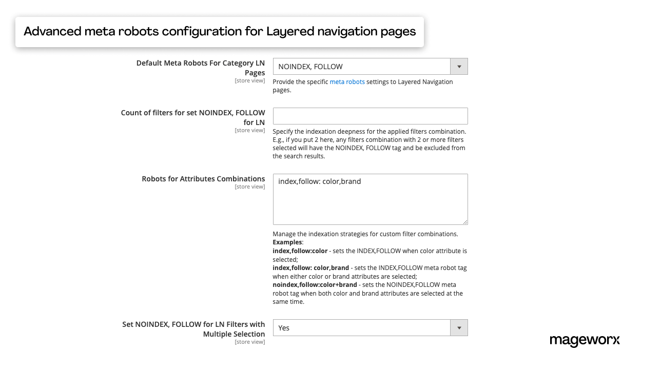 Advanced meta robots setup for Magento 2