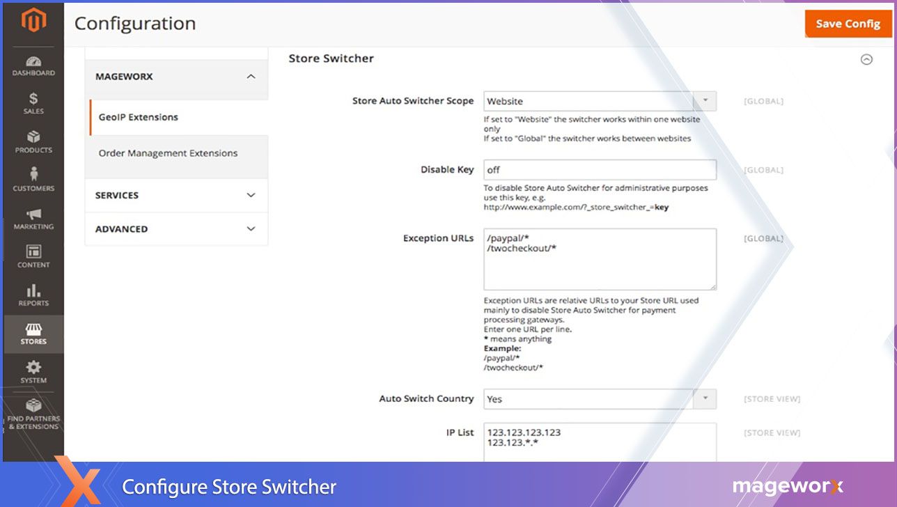 Store switcher configuration,Updating geo IP database ,Currecy switcher settings: Adding exceptions ,Strore and currency auto switcher - Frontend view,Store switcher settings: Adding exceptions ,General settings: Managing currency symbols,General settings