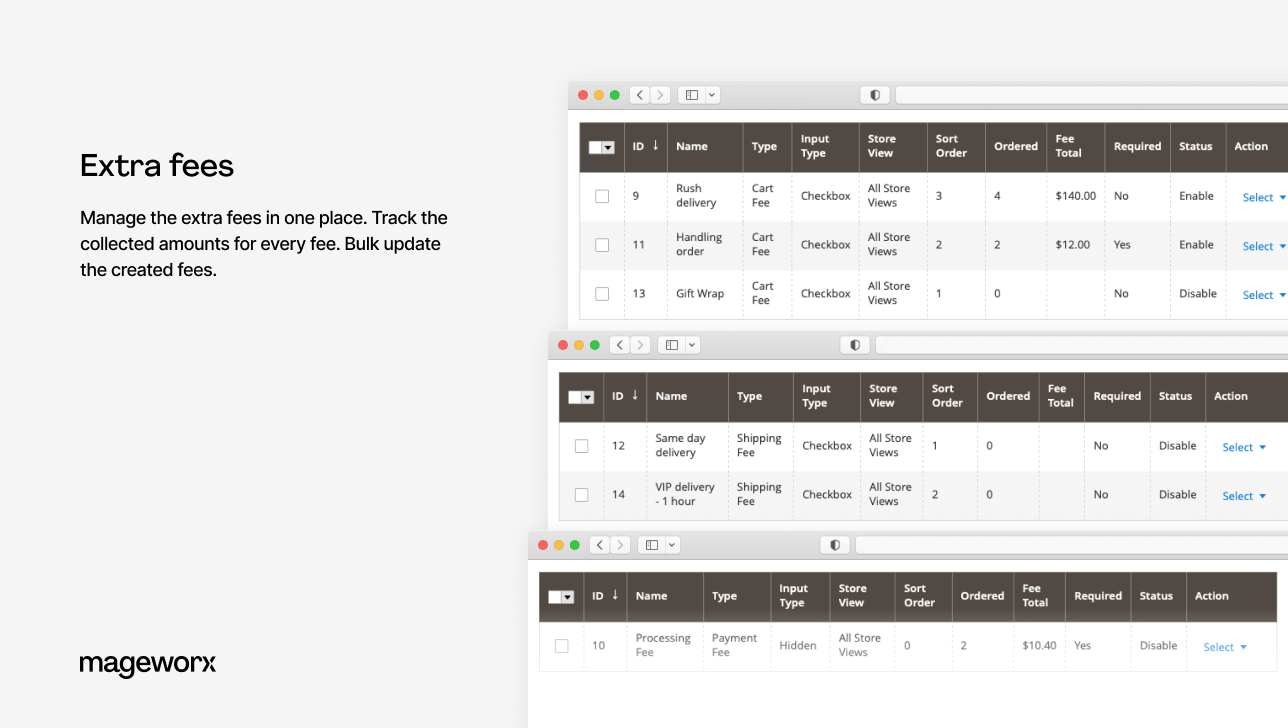 backend grid of the magento 2 additional fee extension
