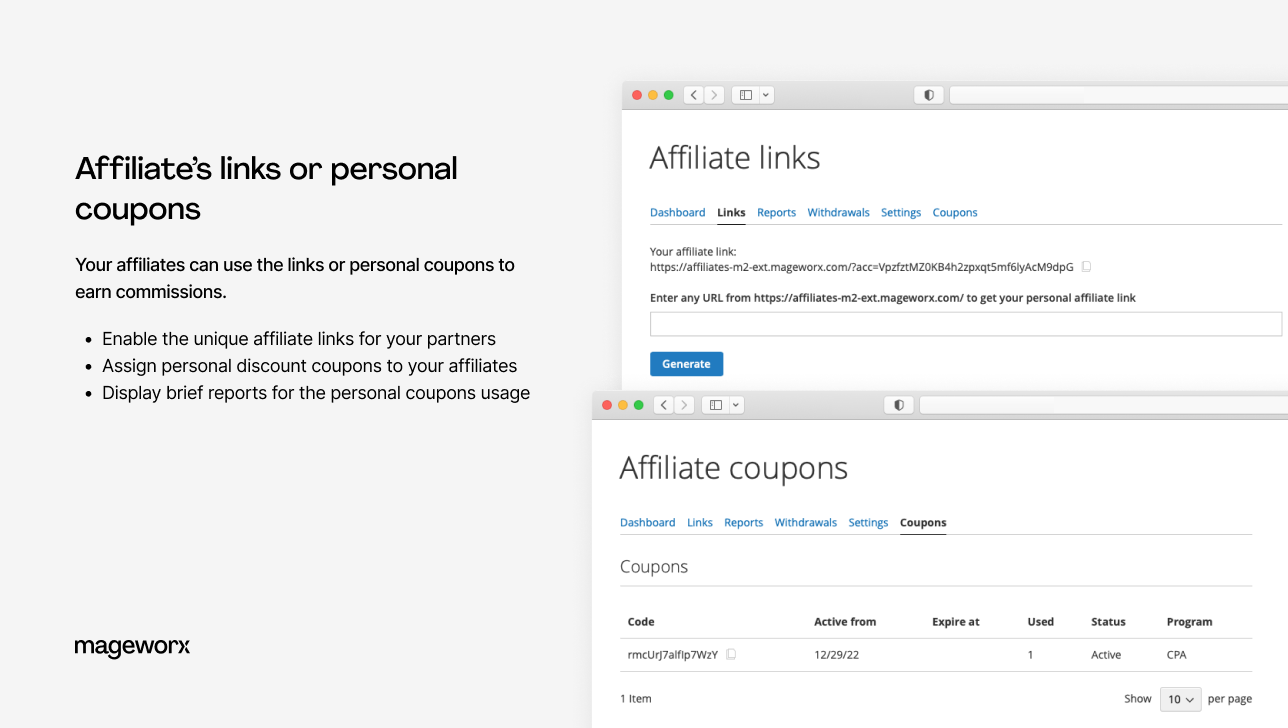 Coupons and referral links for affiliate marketing Magento