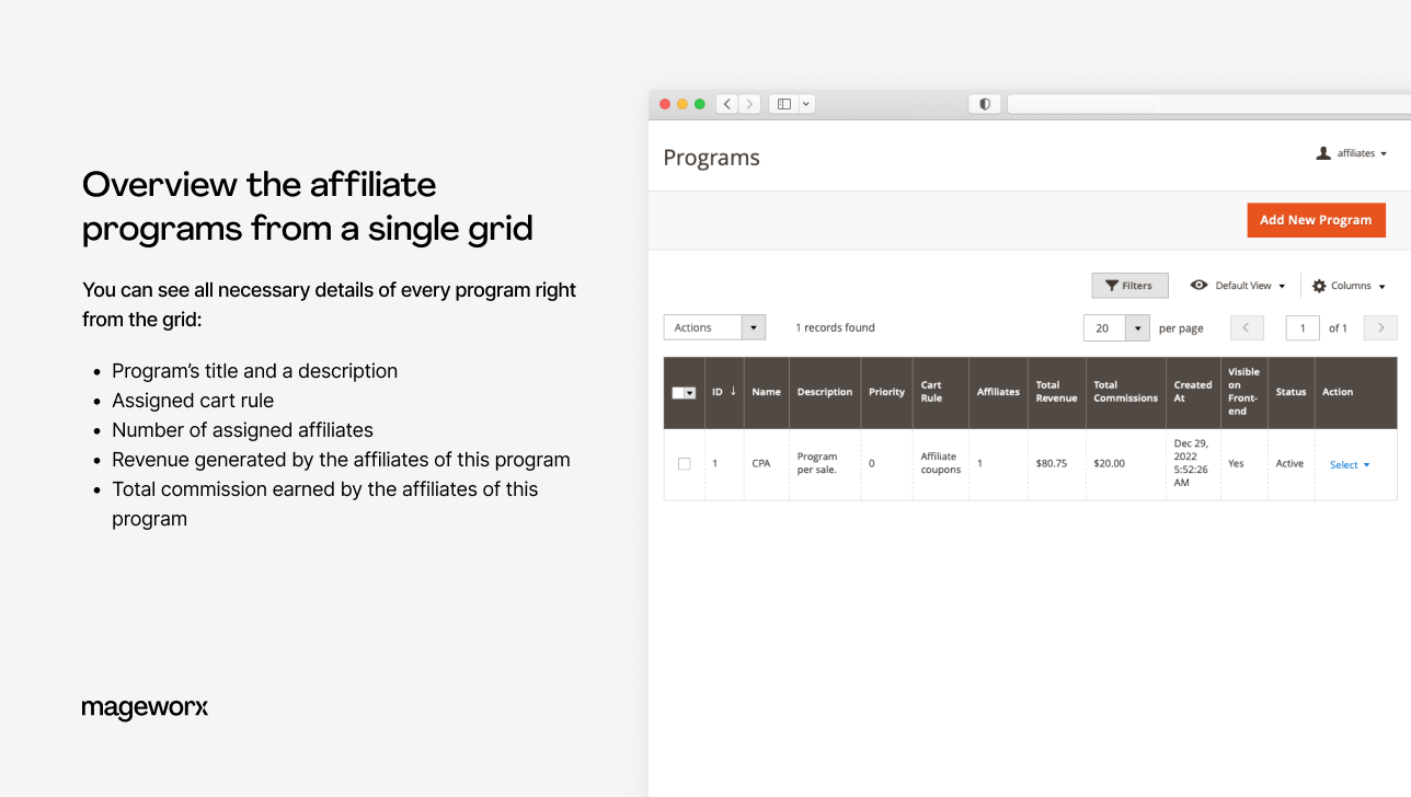 handy single grid for magento affiliate program overview