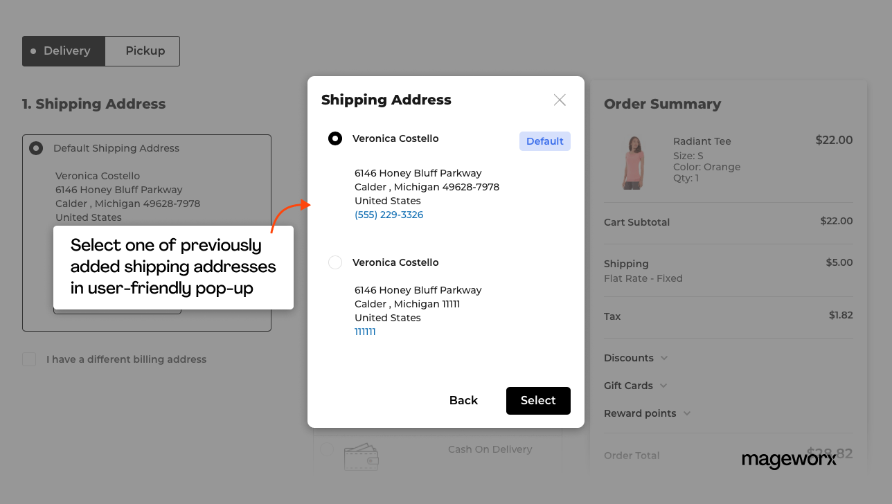Shipping addresses in a popup in One Page Checkout Magento 2