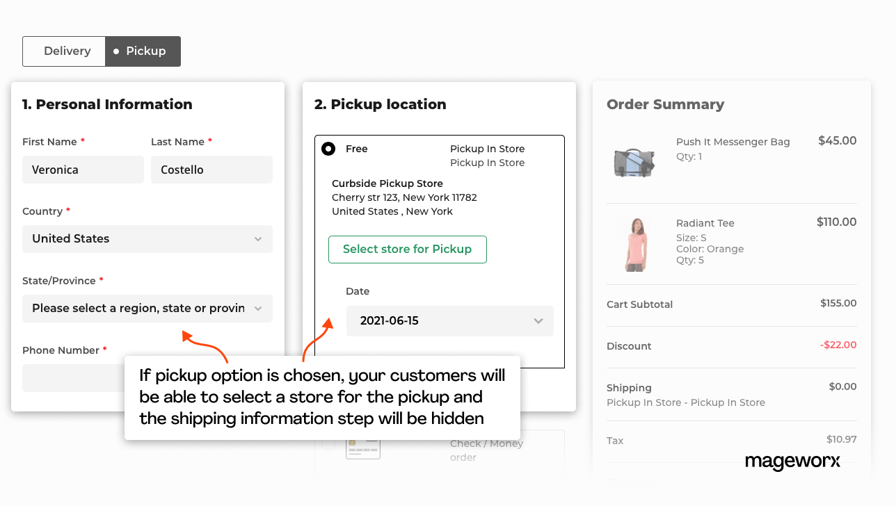 Magento one page checkout flow if in-store pickup is selected