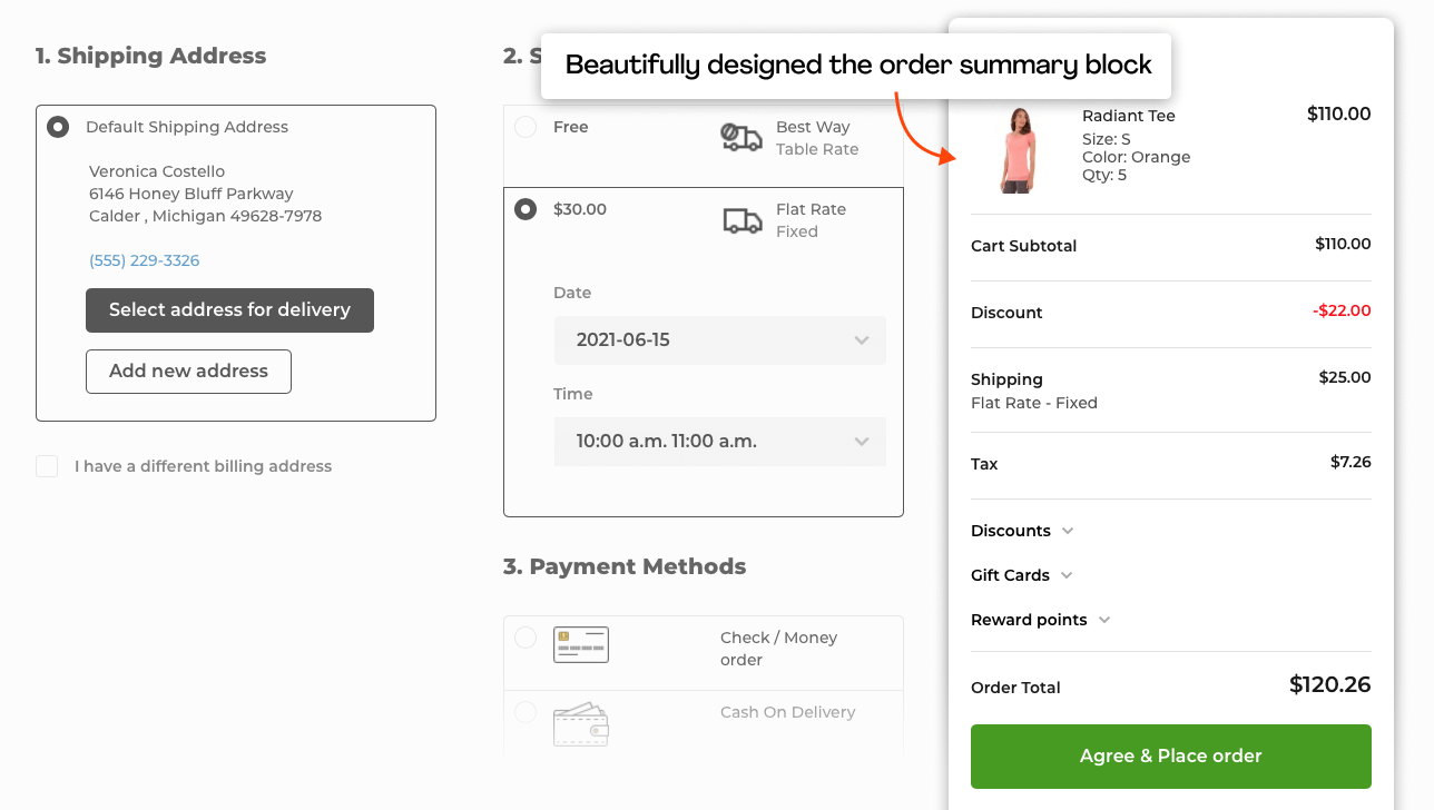 Order summary block of the Magento Checkout extension