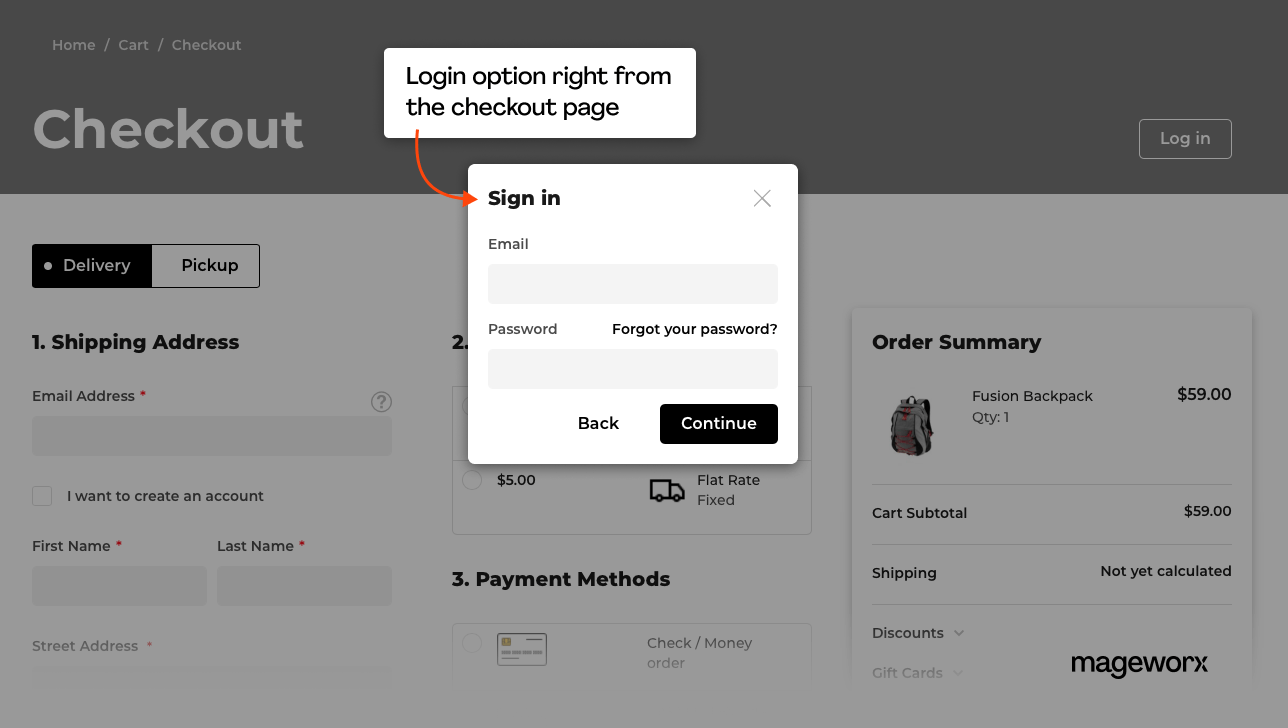 Login option at the Magento checkout page