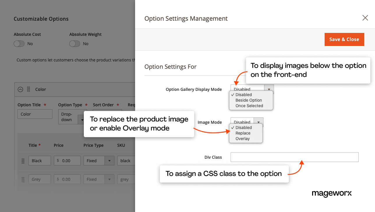 Magento custom options settings management