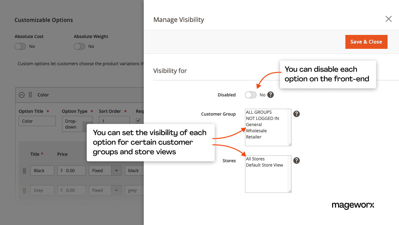 Editing Magento 2 product options visibility for customer groups and store views