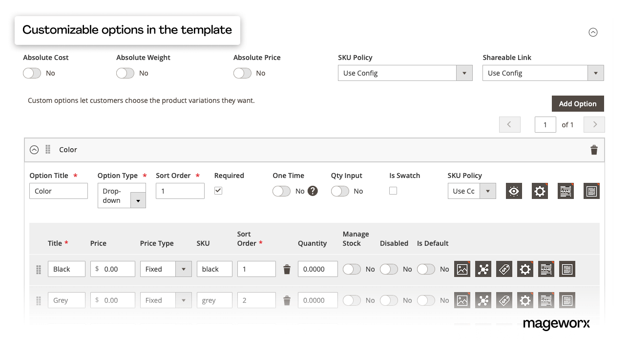 Configuration of the customizable options in the back-end