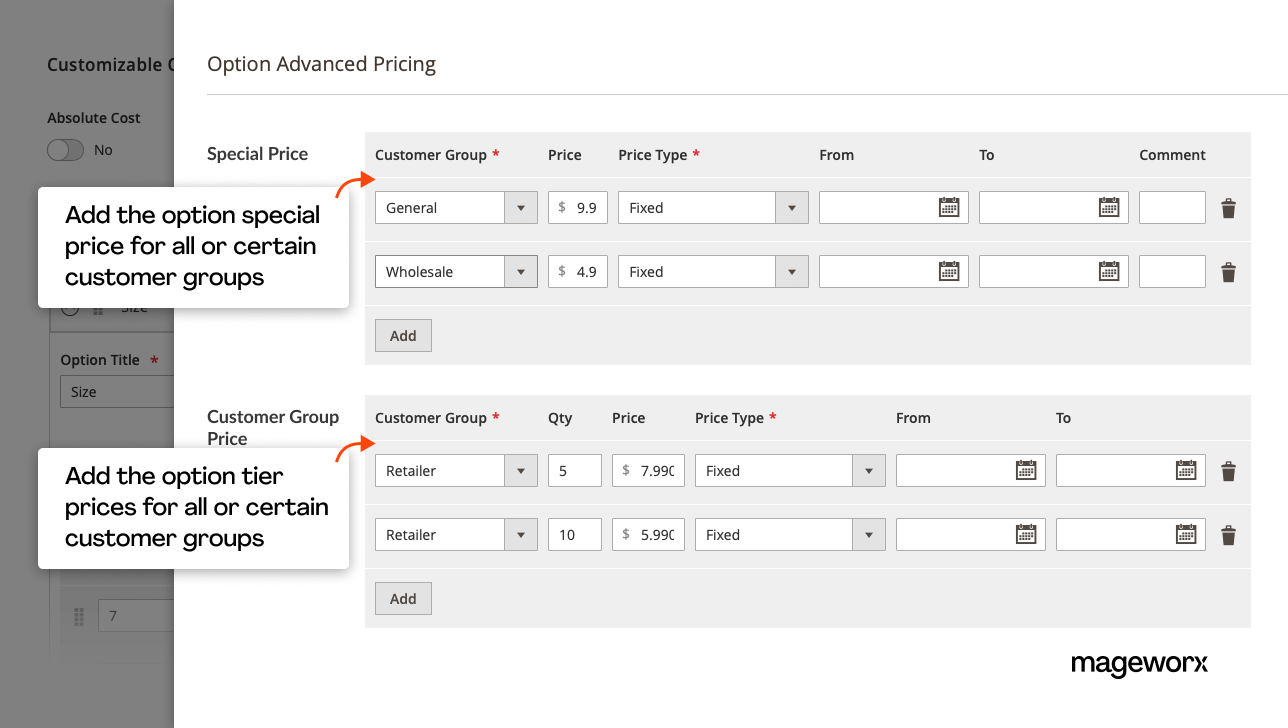 Magento product option advanced pricing