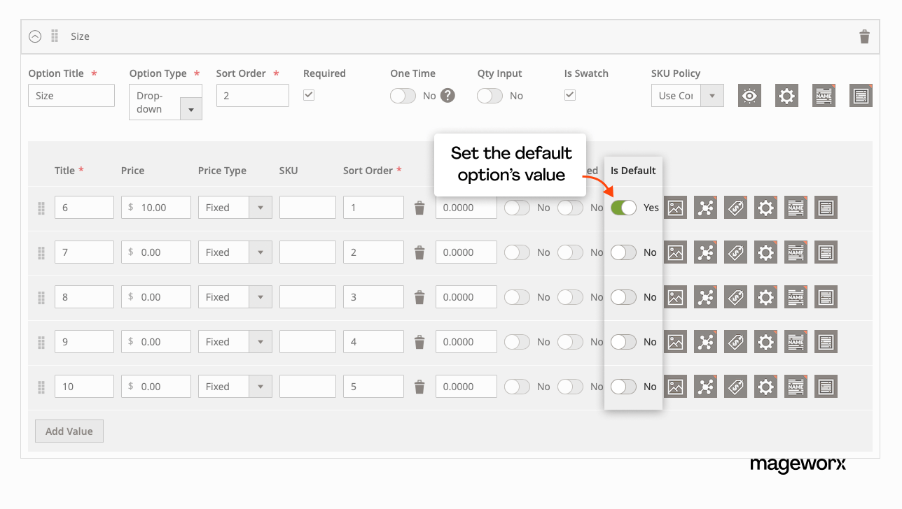 Default option's value setup