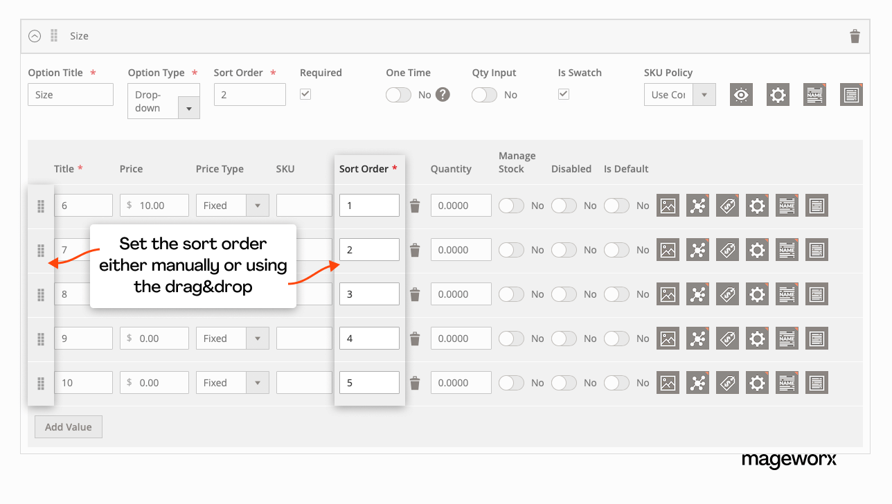 Product options sort order configuration