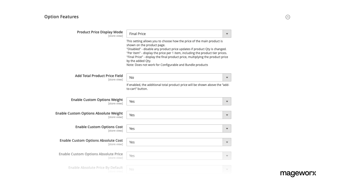 Option features setup