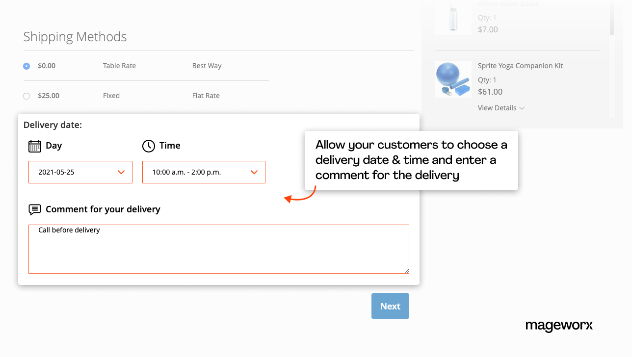 Comments field for the shipping date. Estimated delivery date and time block
