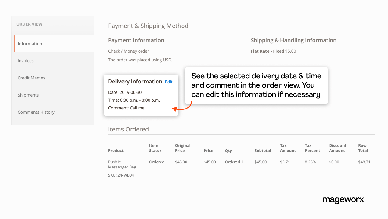 Magento 2 Delivery Date extension allows you to overview and edit selected dates and times in the order view.