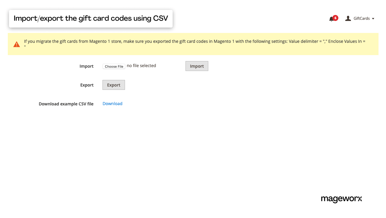 Ability to import and/or export Magento 2 gift cards via a CSV file