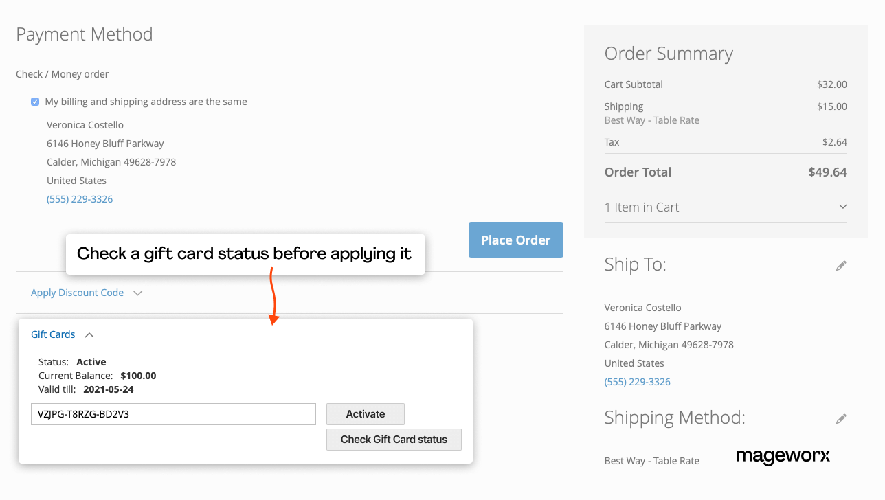 Best Magento gift card extension: the ability to verify gift card status at the checkout before applying it
