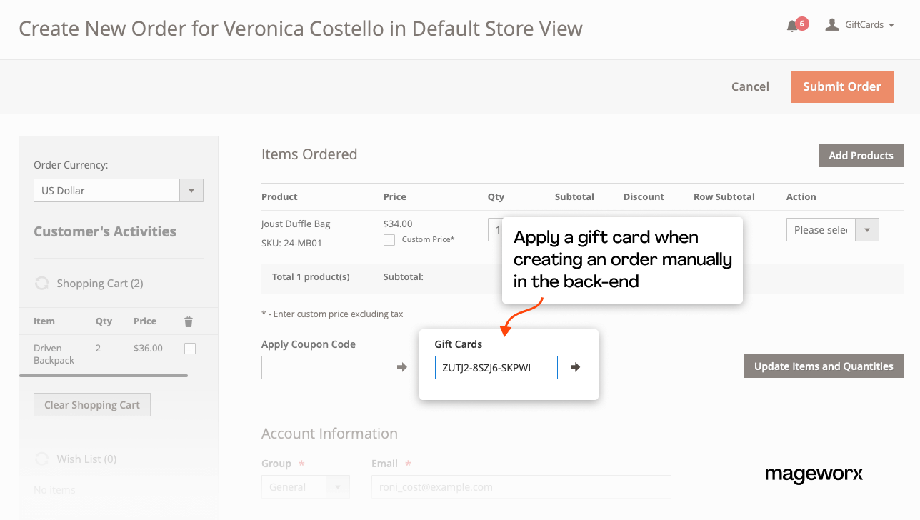 The ability to apply a voucher card when creating orders manually in the back-end