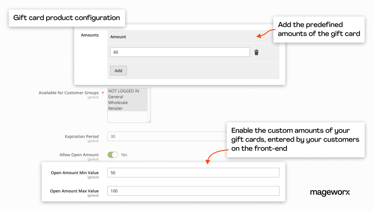 Magento gift card product configuration