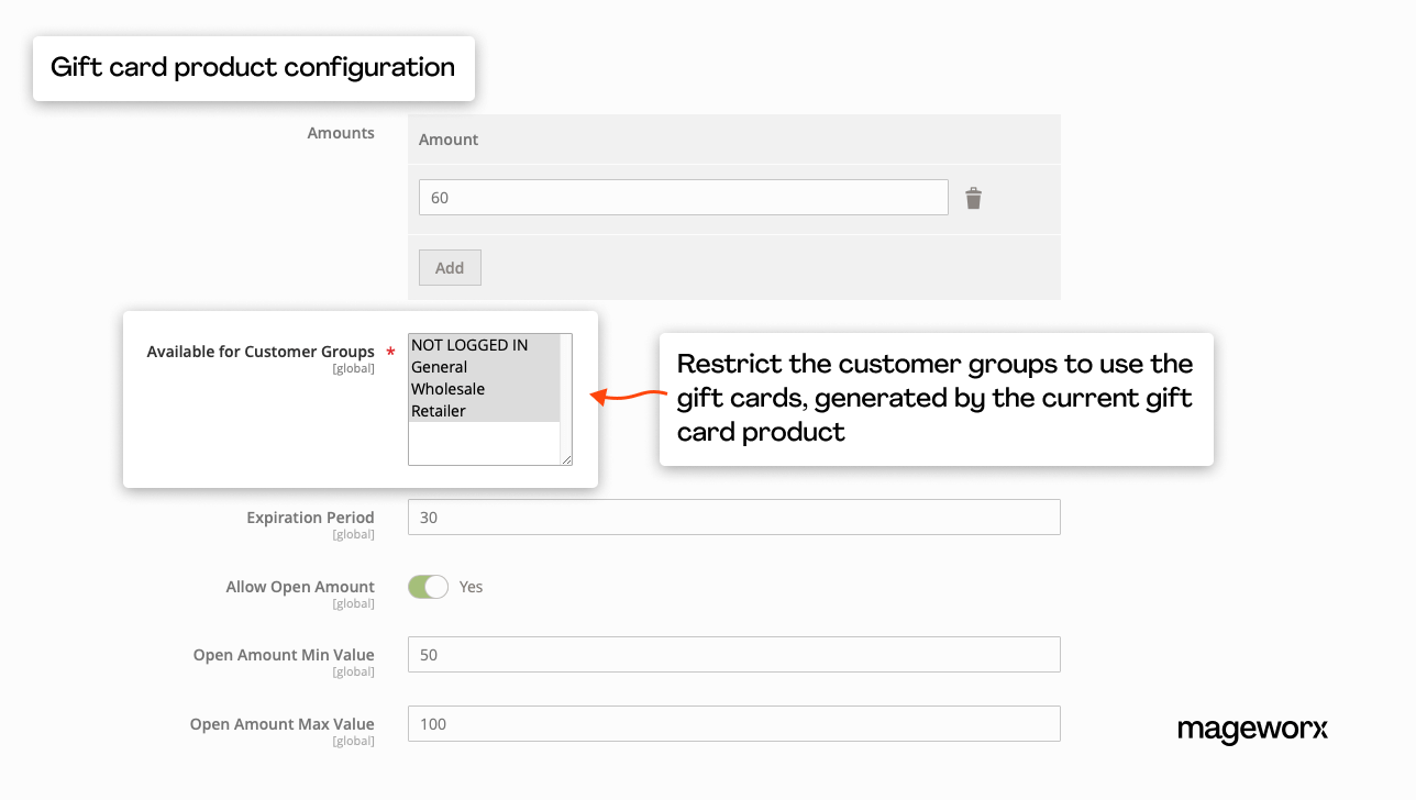Gift Card extension for Magento 2 allows restricting gift cards for specific customer groups