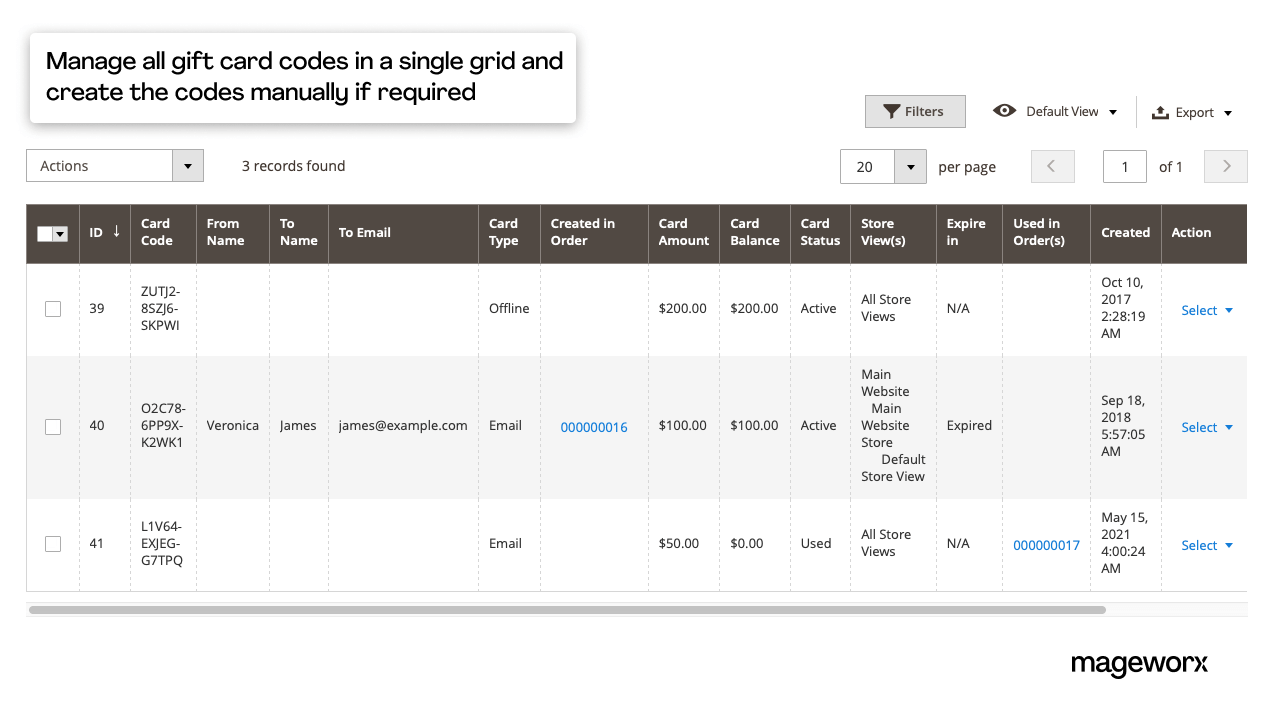 Single grid for Magento gift certificates management