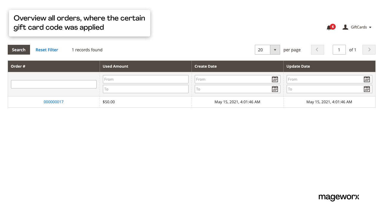 Overview of orders with applied Magento 2 gift cards