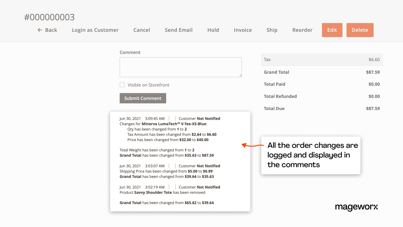 Overview records with order edit logs in Magento Commerce Order Management