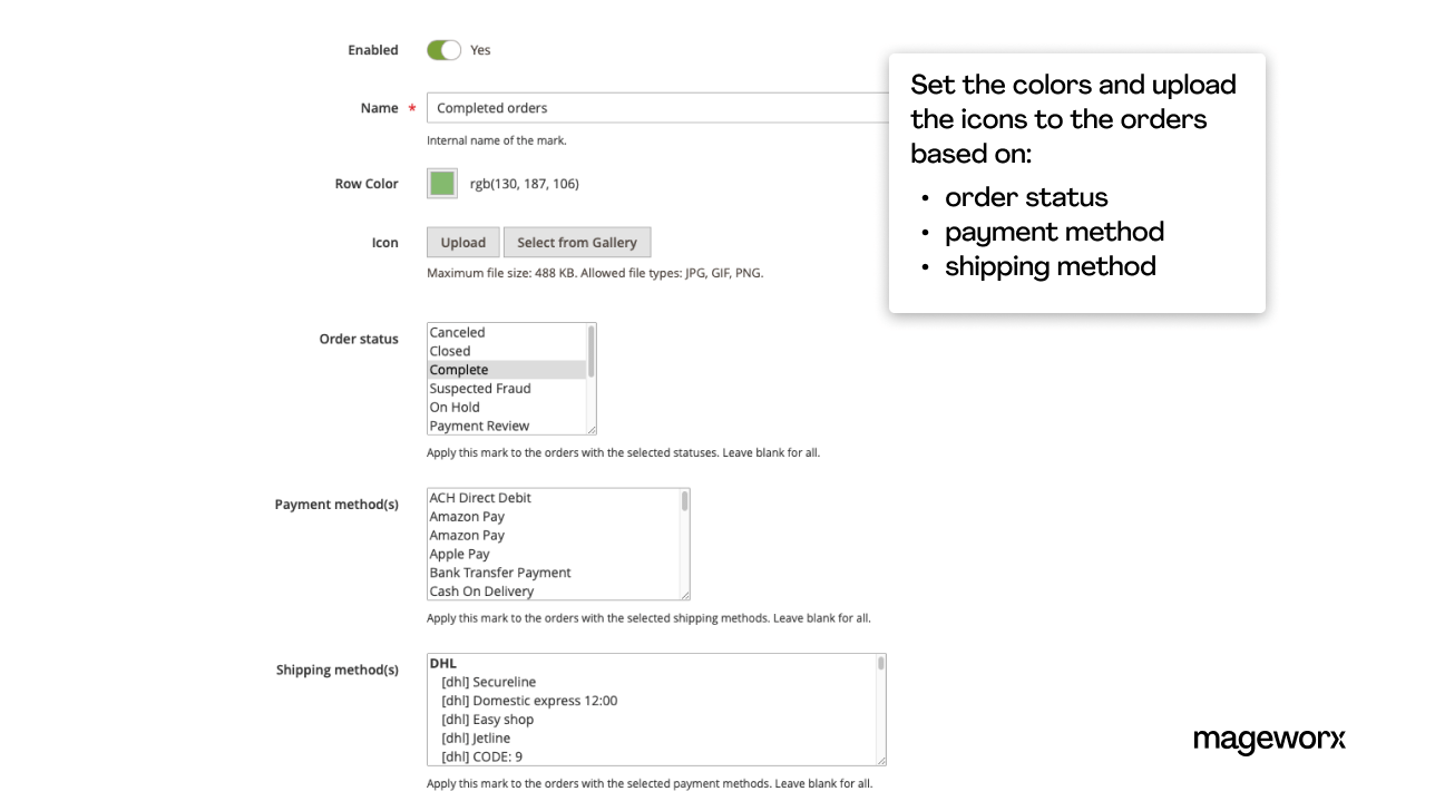 Add marks to the orders based on the order status, payment & shipping method.