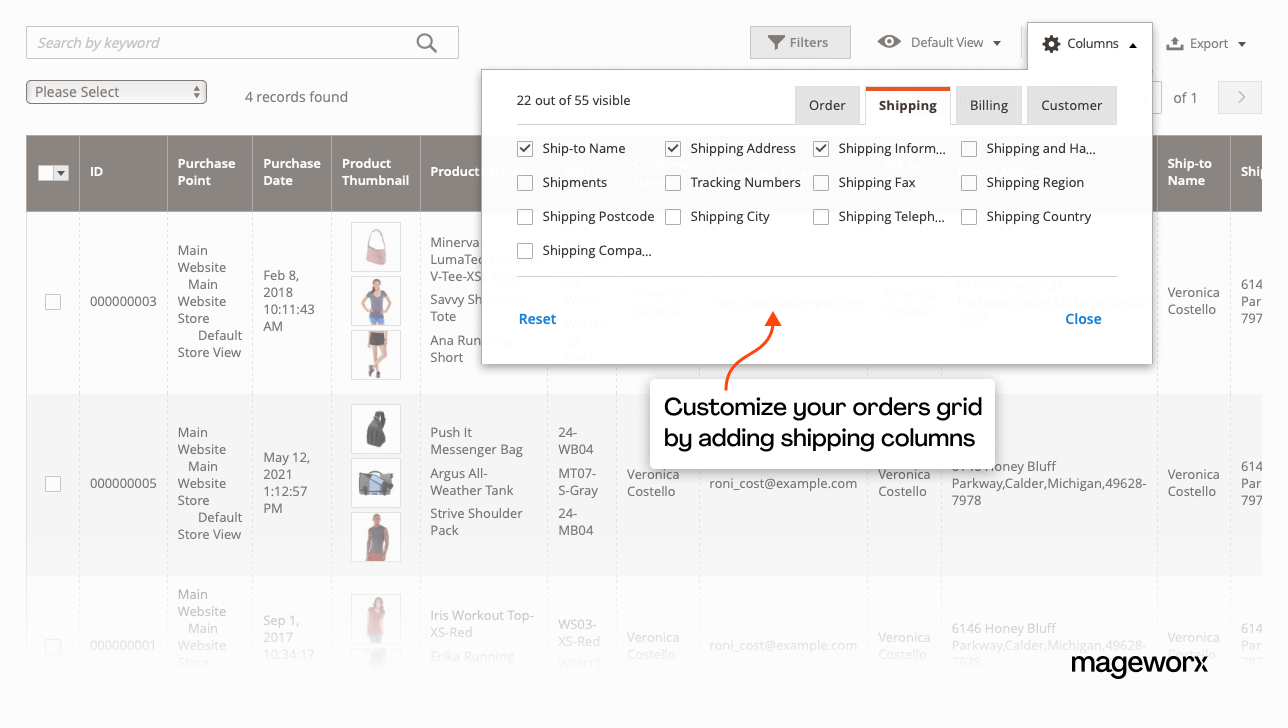 New shipping columns in the Magento orders grid