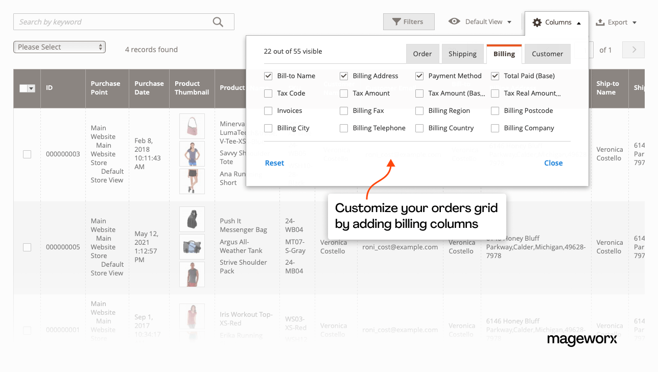 New billing columns in the Magento orders grid