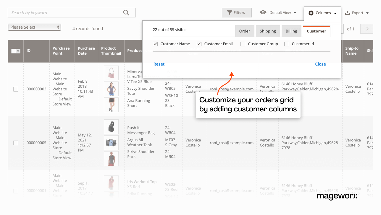 New customer columns in the Magento orders grid