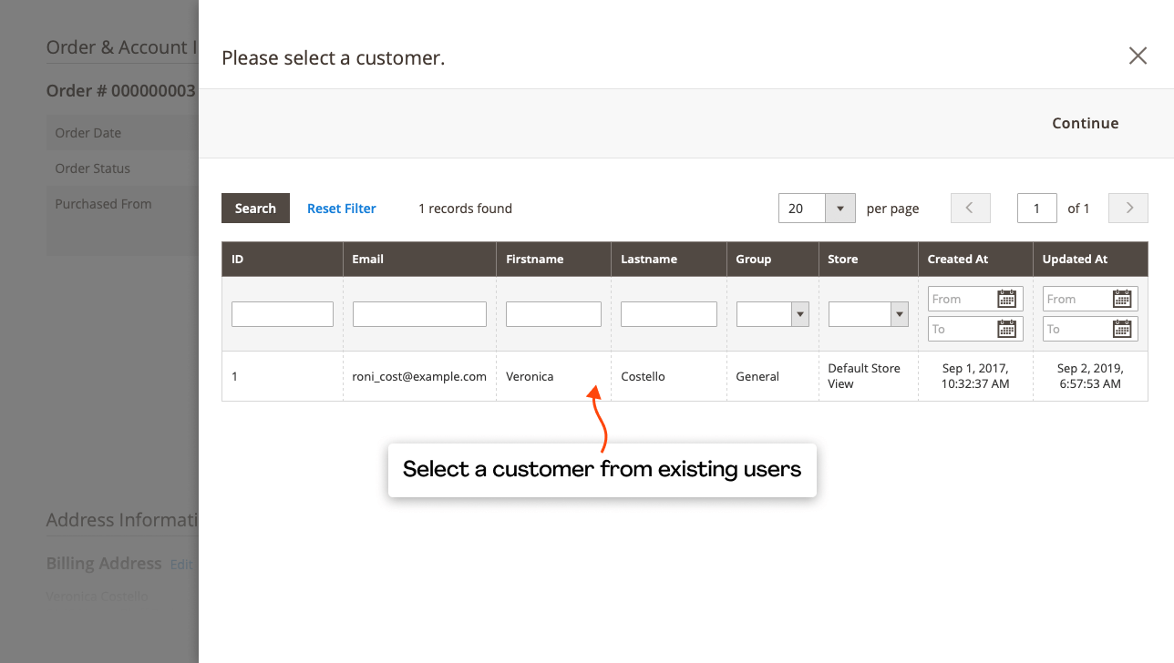 Easy customer selection from the existing users in Magento 2 for editing