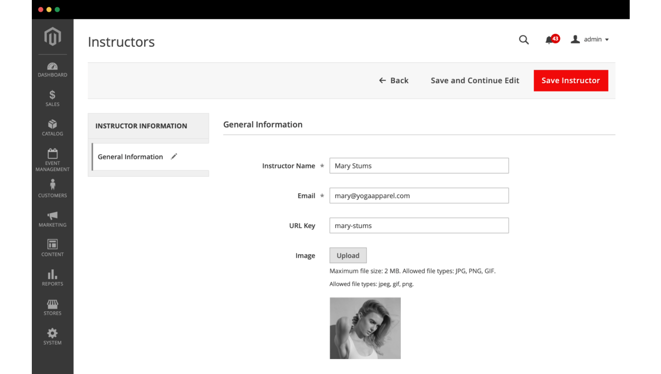 general information configurations of the magento events management extension