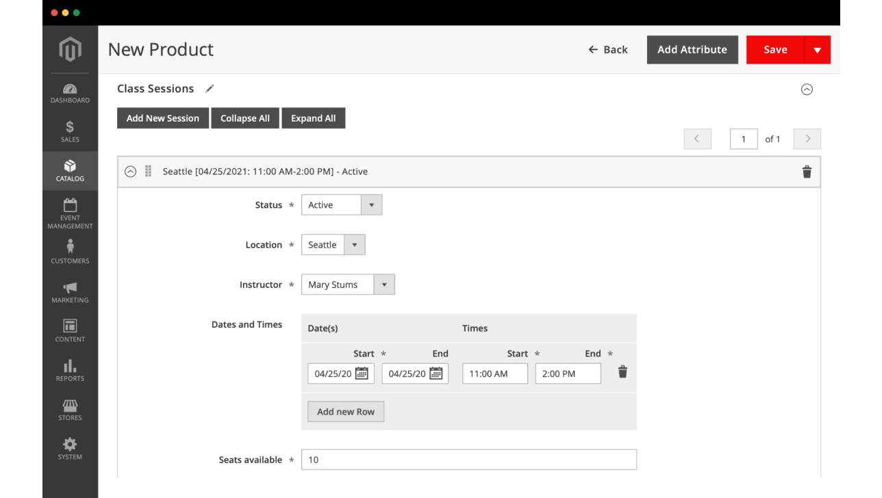 dates and times configuration: magento events management