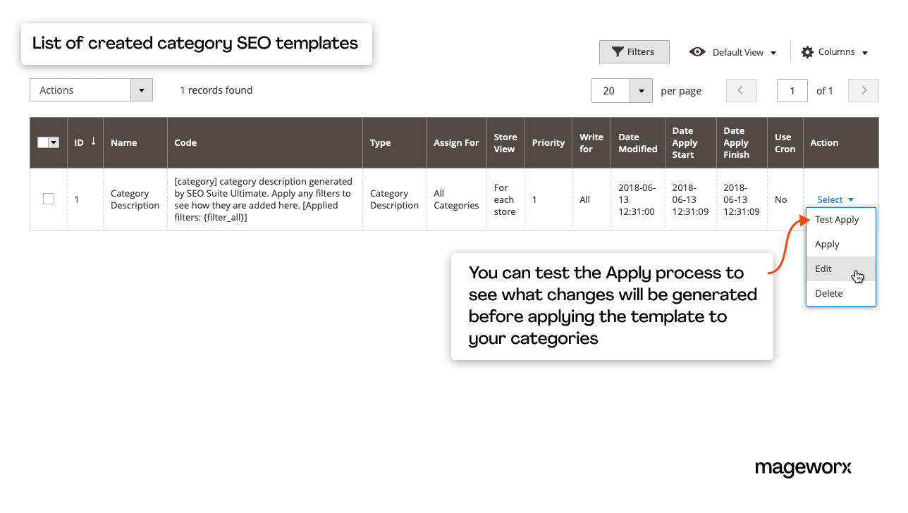 Convenient overview of the created Magento 2 SEO templates in a grid