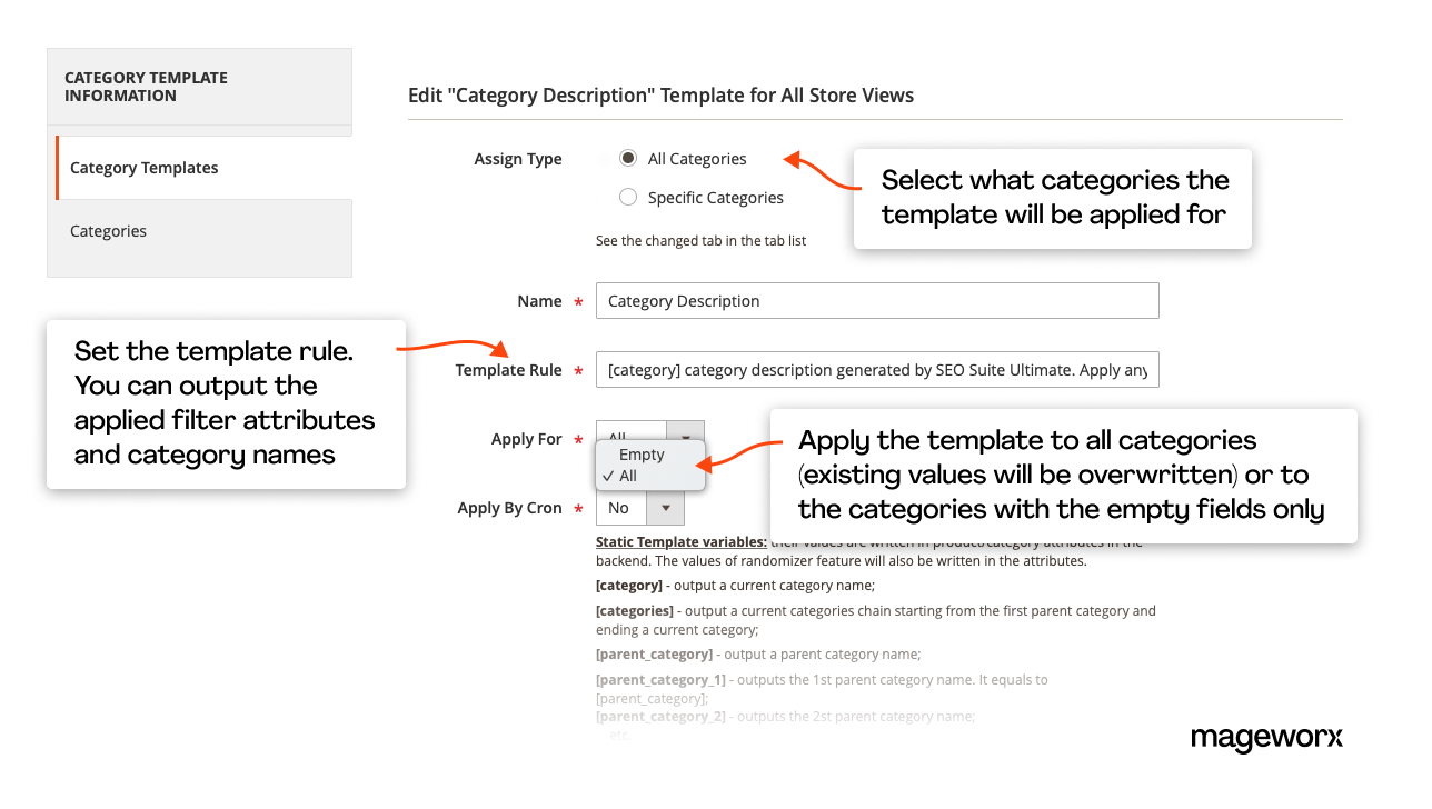 Templates for category page description: search engine optimization plugin
