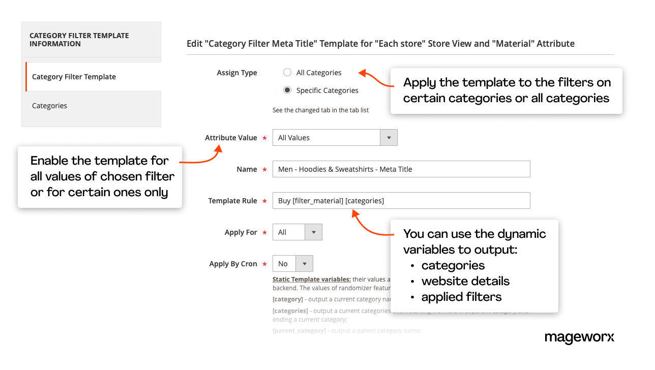 configurations of the category filter meta tags generator