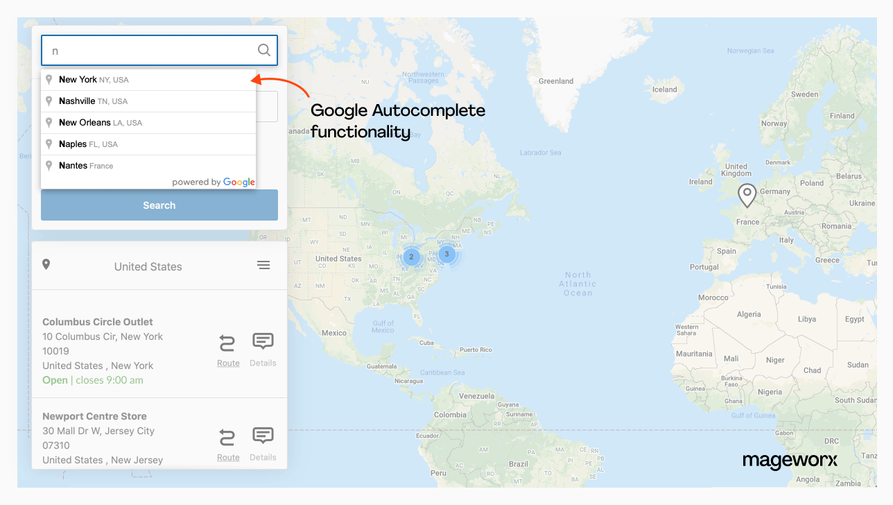 Google Autocomplete functionality that the Magento Store Locator extension adds