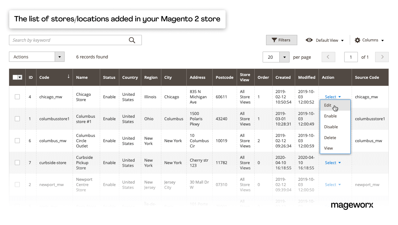 List of stores with available order pickup added to a Magento 2 store