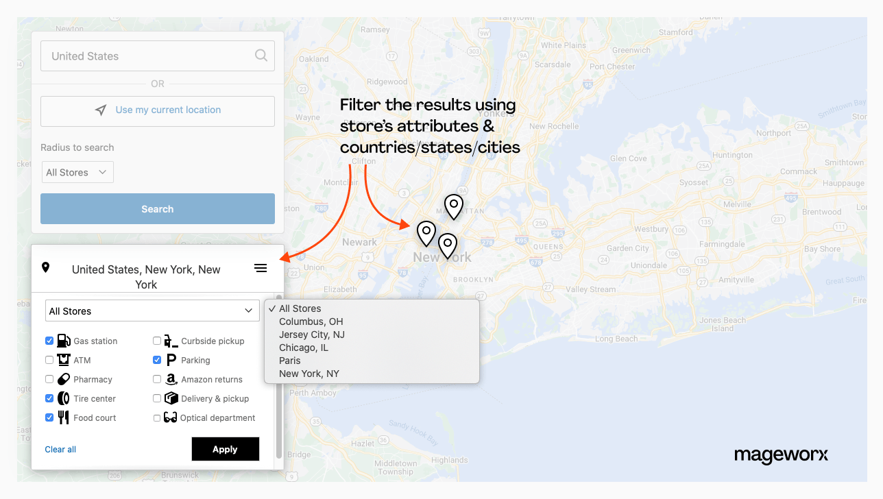Filter the stores list by attributes & location